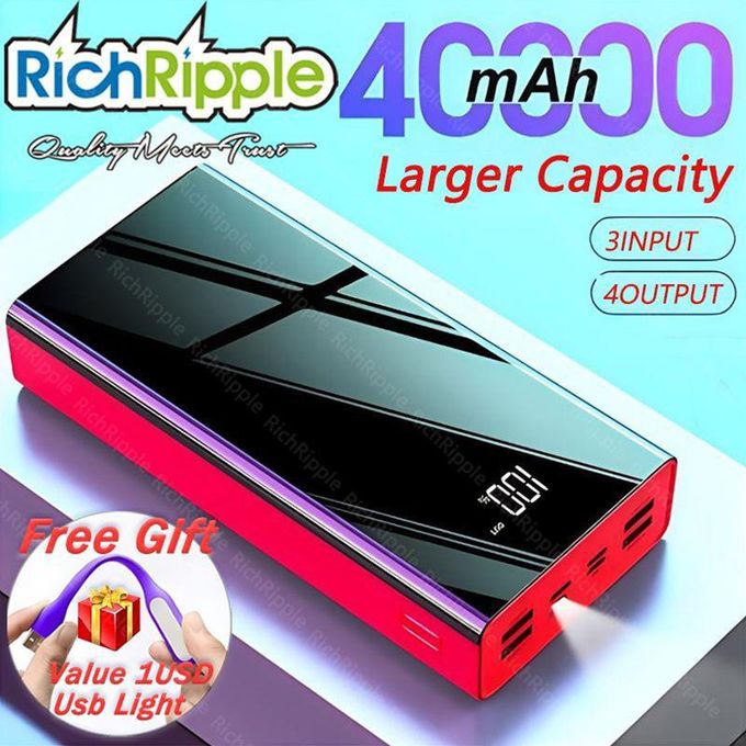RichRipple 40000mah iPhone LED Power Bank ExterBattery USB Large Capacity Mirror Screen Portable for all Phones powerbank