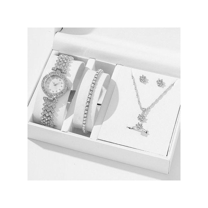 AIDAILU 5 Pcs Women Jewelry Set Rhinestone Wrist Watch + Bracelet - Silver