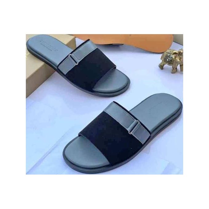 High Quality Suede and Leather Slippers For Men - Black/ Ash