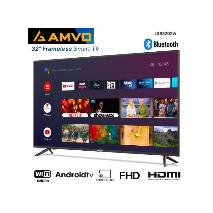 AMVO LSS3202W 32” HD Frameless Android Smart TV - WiFi, Netflix, YouTube, Miracast, HDMI, Bluetooth - Black (1YR WRTY)