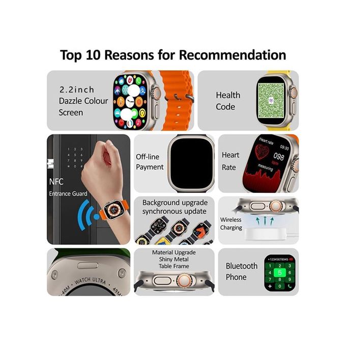 2.2 Inch Smart watch Sports bracelet Straps Bluetooth Call Heart rate Wireless Charging- Orange