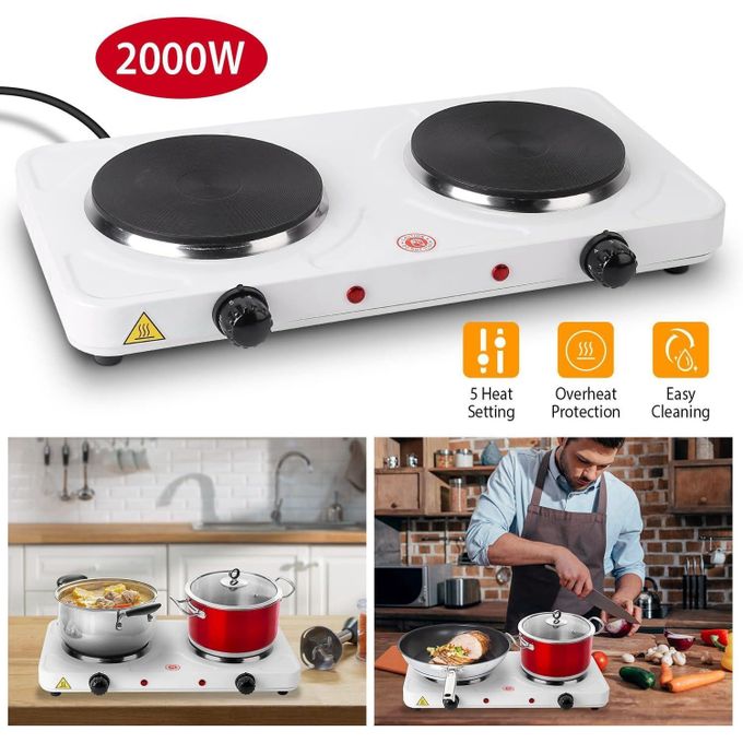 Double Burner Electric Hot Plate Electric Stove 2000W Portable Countertop Burner & Electric Stove, 5-Level Temp Cast Iron Double Burner Cooktop For Home/Rv/Camping---White