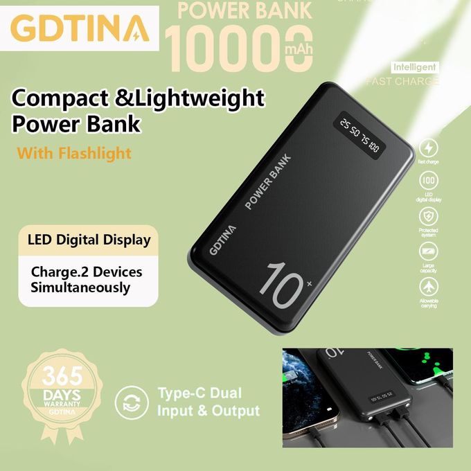 GDTINA Power Banks 10000 MAh Utra Slim Portable Fast Charger - Black