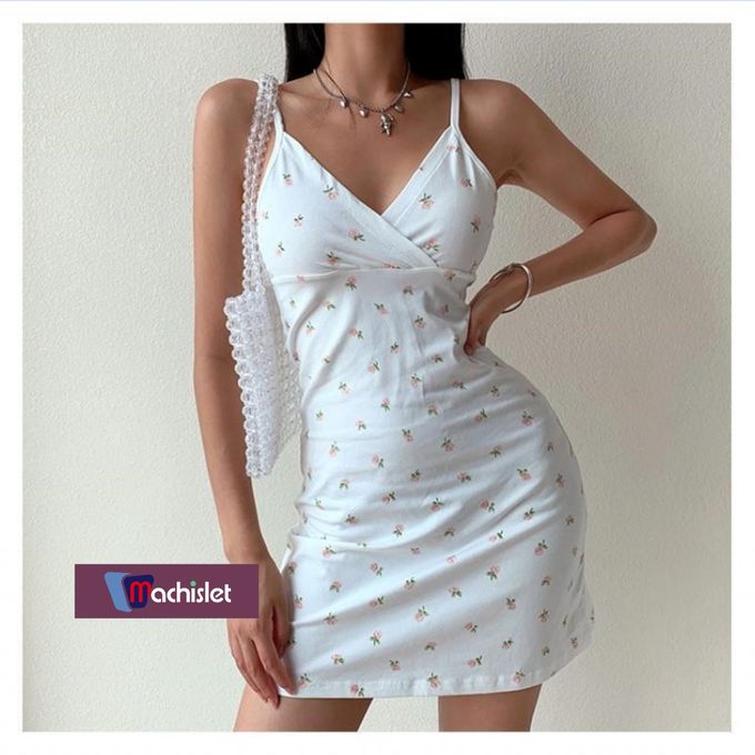 Machislet Women's V-neck Halter Floral Dress Beach Casual Dress-WHITE