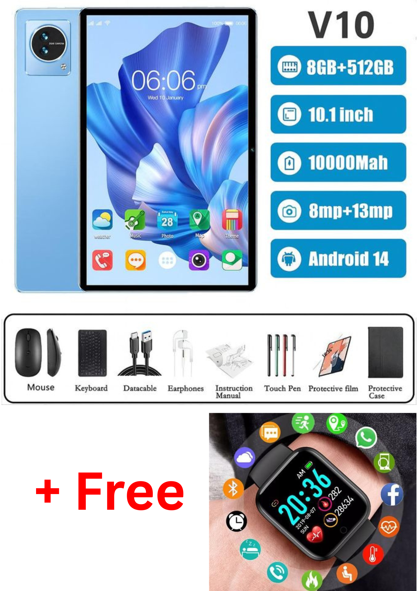 Wudytim Tablet PC 8+512GB Storage Dual Sim Card Android System. Free Case,Keyboard, Mouse, Smart Watch