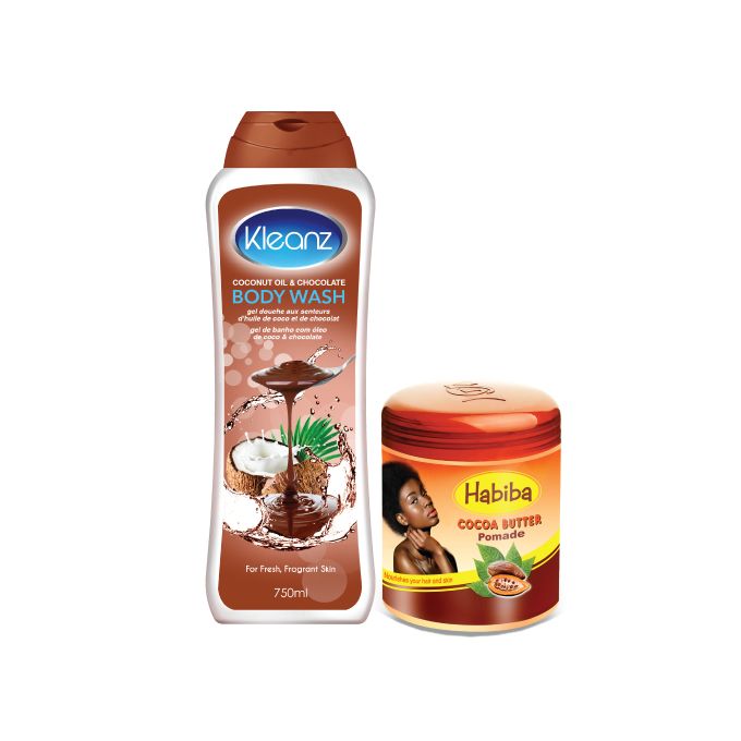 Ghandour Cosmetics Kleanz Chocolate Body Wash 750ml & Habiba Cocoa Butter Pomade 250ml Bundle.