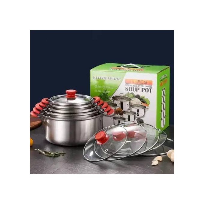 10 Pcs Stainless Steel Kitchen Cookware Sets - Silver/Red
