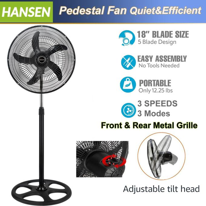 HANSEN 18 Inch 3-Speed Low Noise Standing Fan - Black