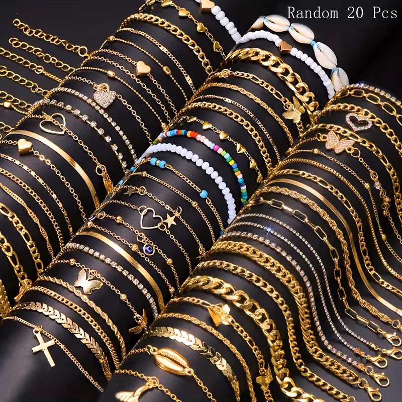 10/20/30pcs Set of Vintage Design Fashionable Love Rhinestone Bracelet and Ankle Chain Set for Women,