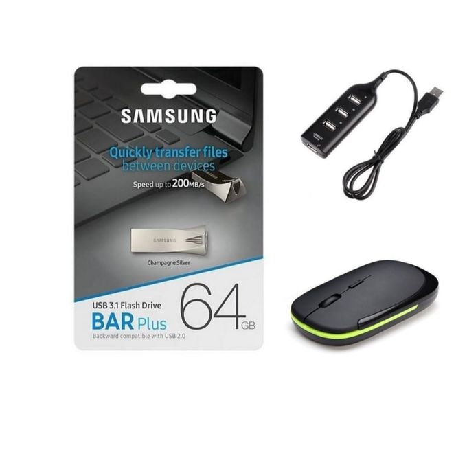 Samsung USB Metallic 3.1 Pendrive - 64GB BAR Plus + FREE Wireless Mouse & 2.0 USB Hub