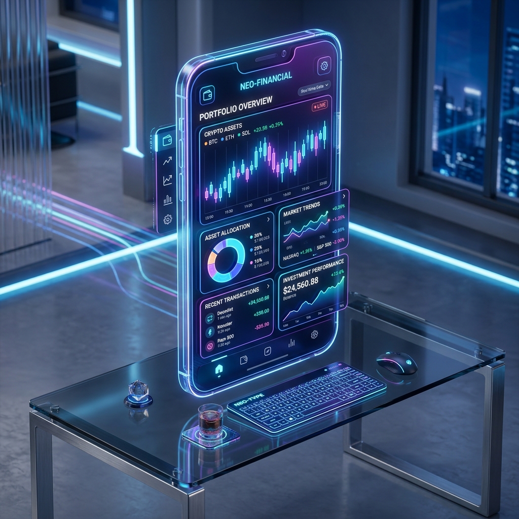 Isometric 3D render of a futuristic Android mobile app interface floating above a sleek glass desk