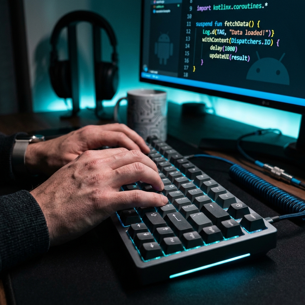 Ultra-detailed macro photography close-up of a developer's hands typing Android Kotlin code