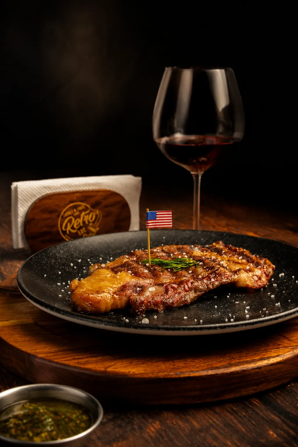 Bife premium a la parrilla, servido en plato con una copa de vino tinto