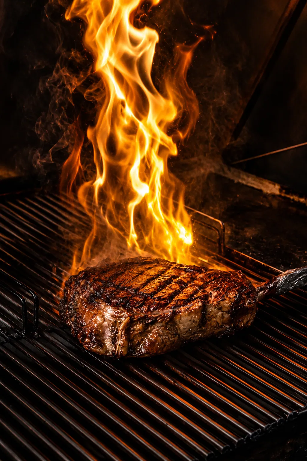 Corte de carne premium a la parrilla entre llamas
