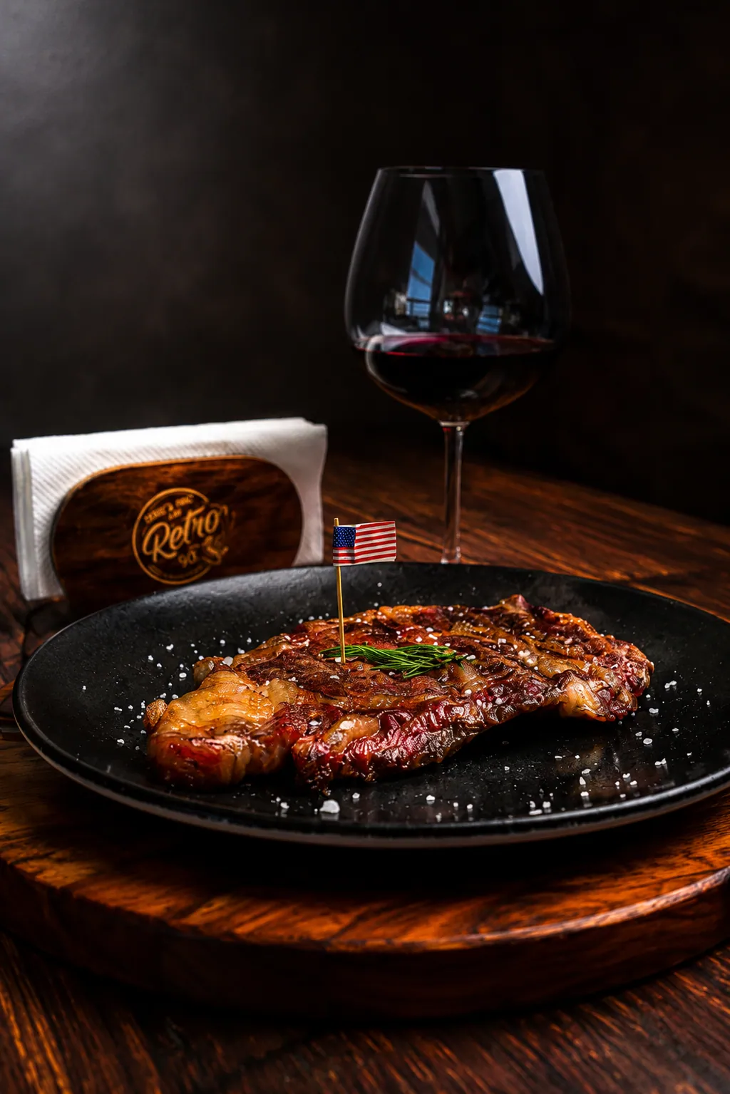 Corte de carne acompañado de una copa de vino tinto