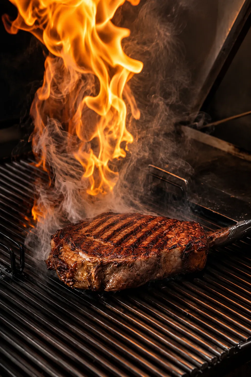 Bife sellándose sobre la parrilla en llamas