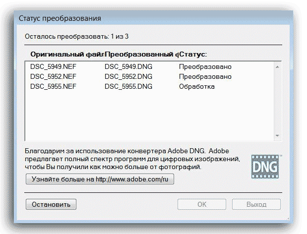 окно о ходе выполнения преобразования рав файлов в DNG файлы.