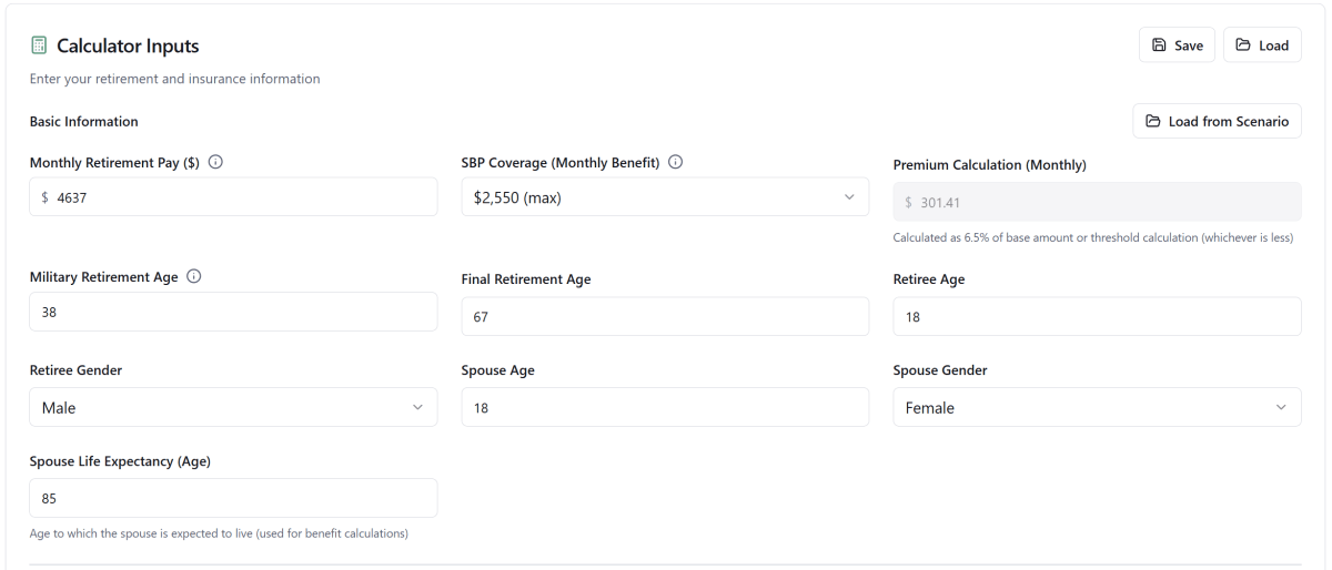 Life Insurance Calculator overview showing retiree and spouse input fields, health factors, and SBP configuration