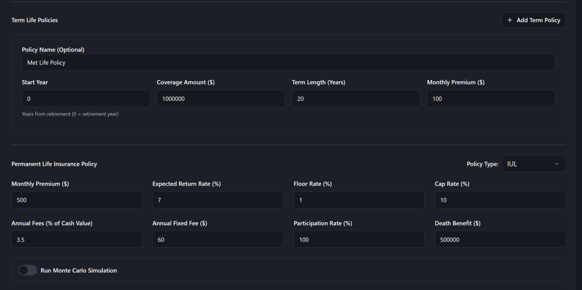 Life insurance configuration panel showing term policies, IUL/Whole Life settings, and Monte Carlo options