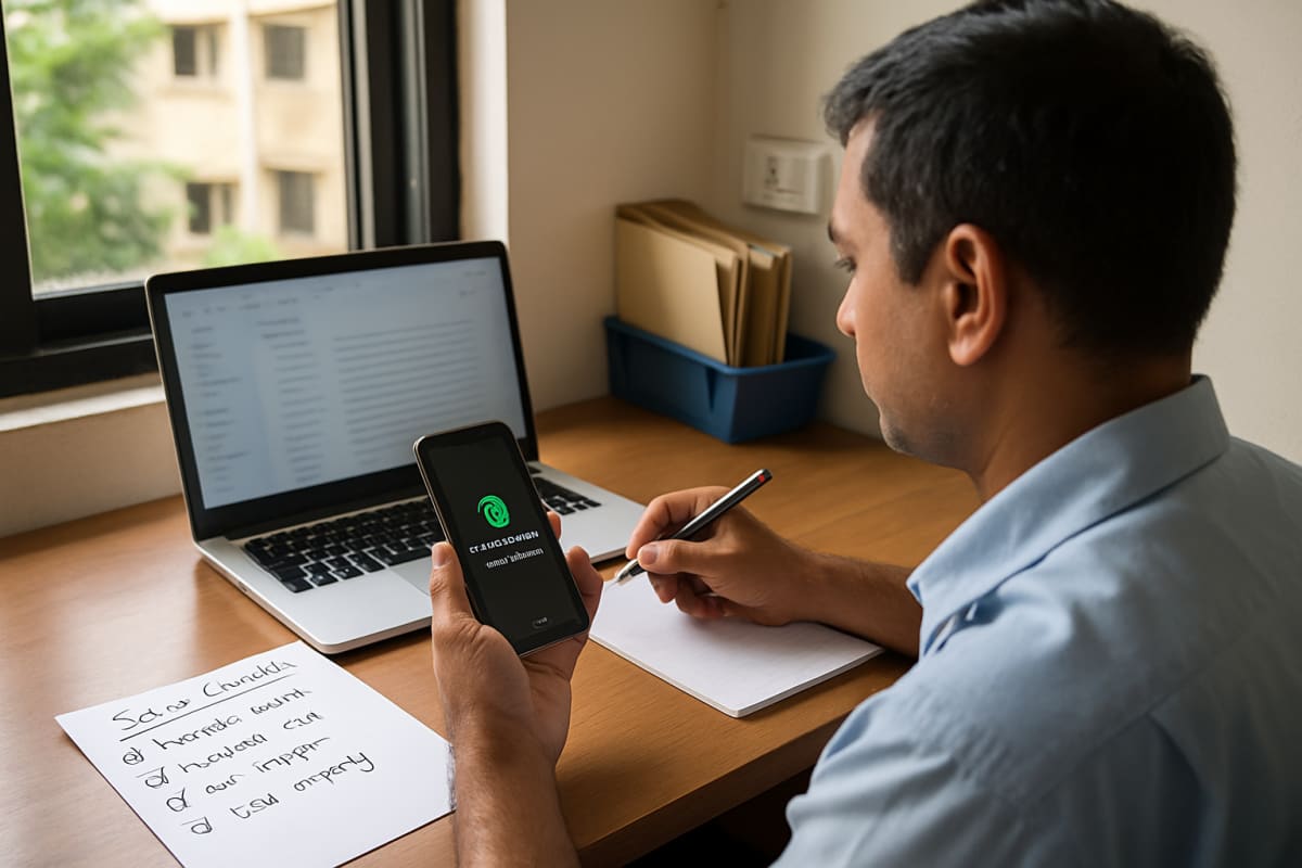 Broker follows a handwritten checklist while connecting WhatsApp Business app to receive 99acres leads