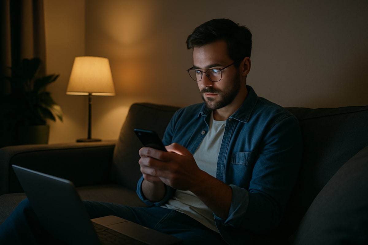Broker checks a weekend 99acres lead on a glowing phone screen at home late at night