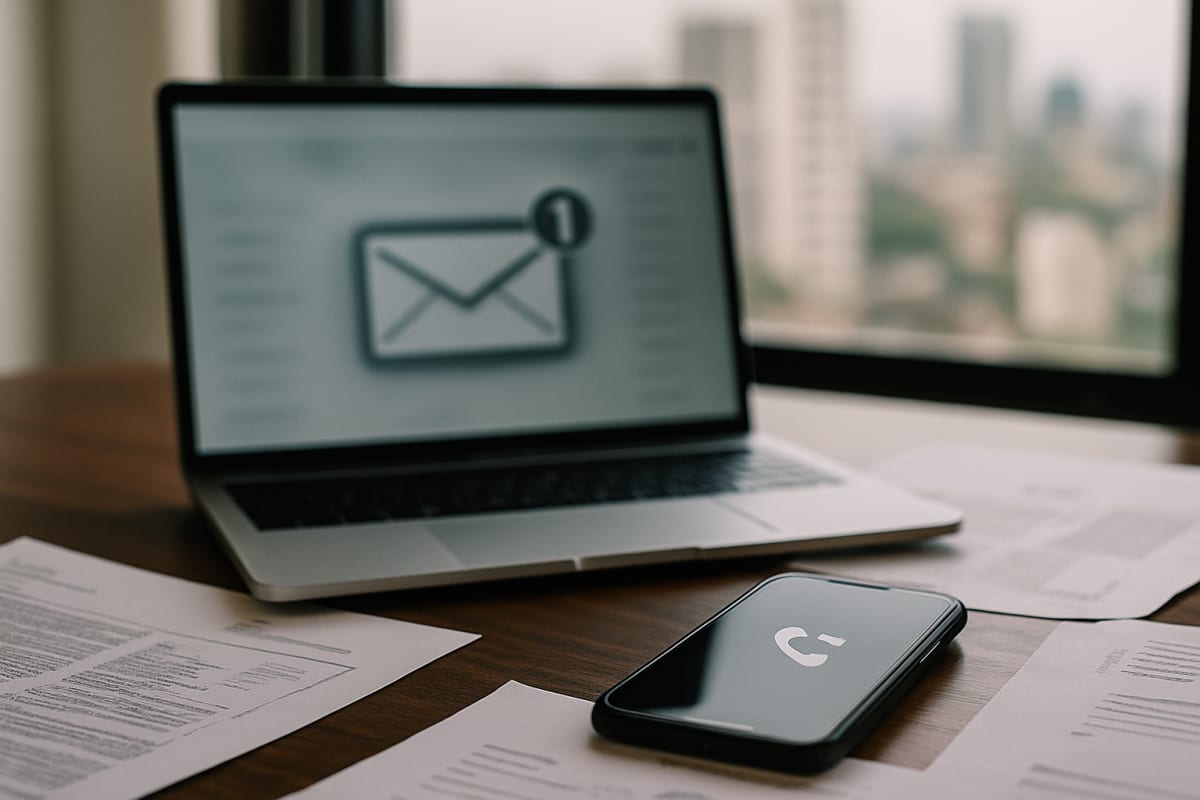 Blurred email inbox and missed call icon show a delayed 99acres lead on a broker's cluttered desk