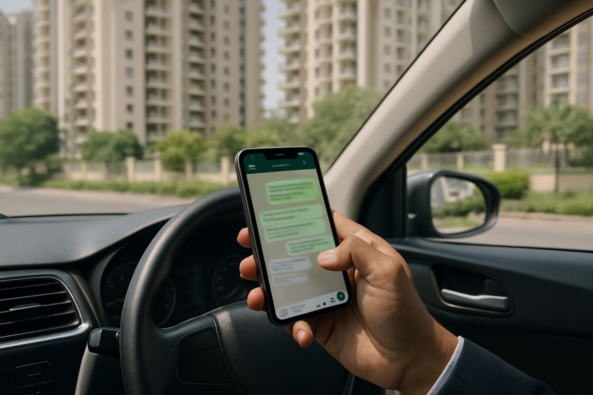 Broker drafts a WhatsApp reply on his phone while parked outside a Gurugram site visit