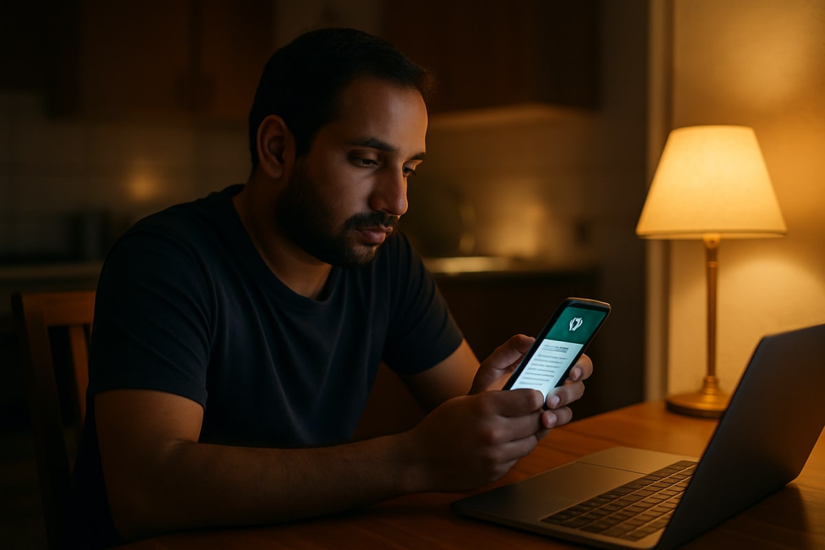 Broker checks phone late at night showing an automated WhatsApp reply sent to a MagicBricks lead