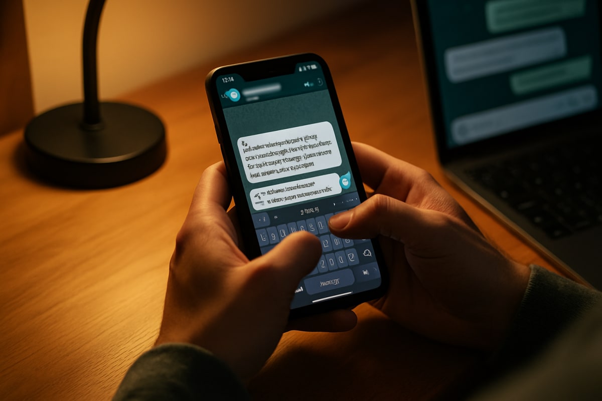 Hands typing a first WhatsApp reply to a MagicBricks enquiry on a phone at a desk