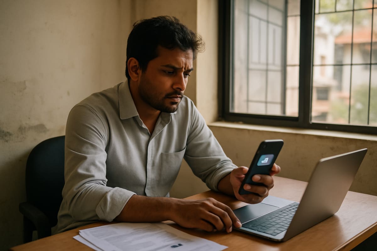 Broker glances at phone showing a new MagicBricks enquiry notification at his office desk