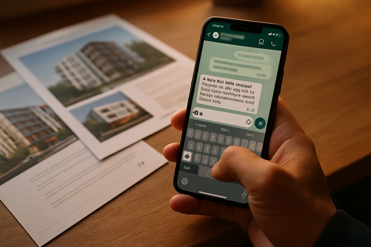 Broker's hand typing the first WhatsApp reply to a Housing.com lead beside printed property brochures