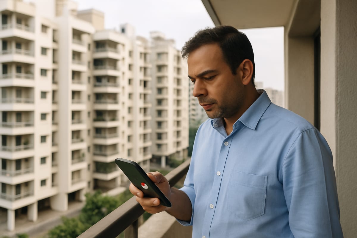 Broker checks a new Housing.com notification on his phone while standing at a Pune resale flat site visit