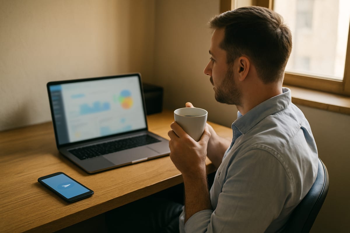 Broker relaxes with tea in a small office as a laptop dashboard shows an automated Housing.com reply sent