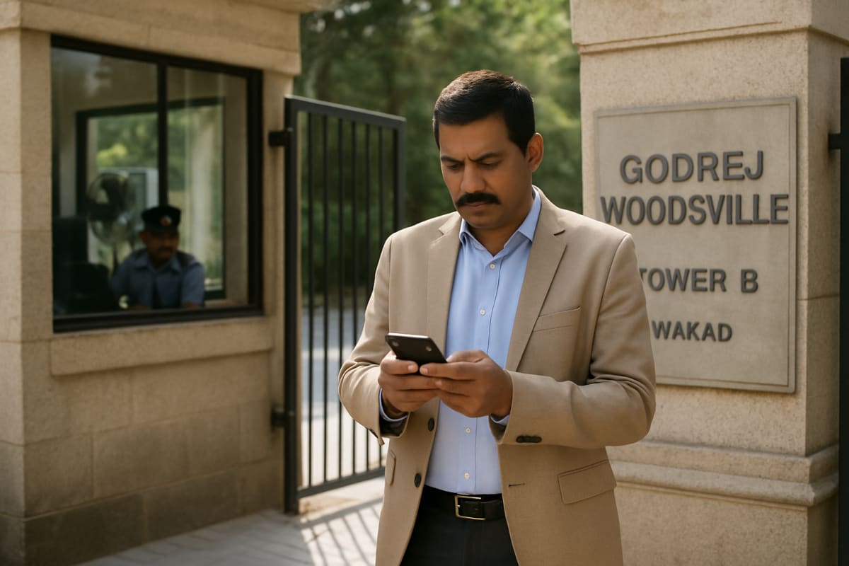 Broker outside a Bengaluru gated society entrance confirming a Housing.com site visit time on his phone
