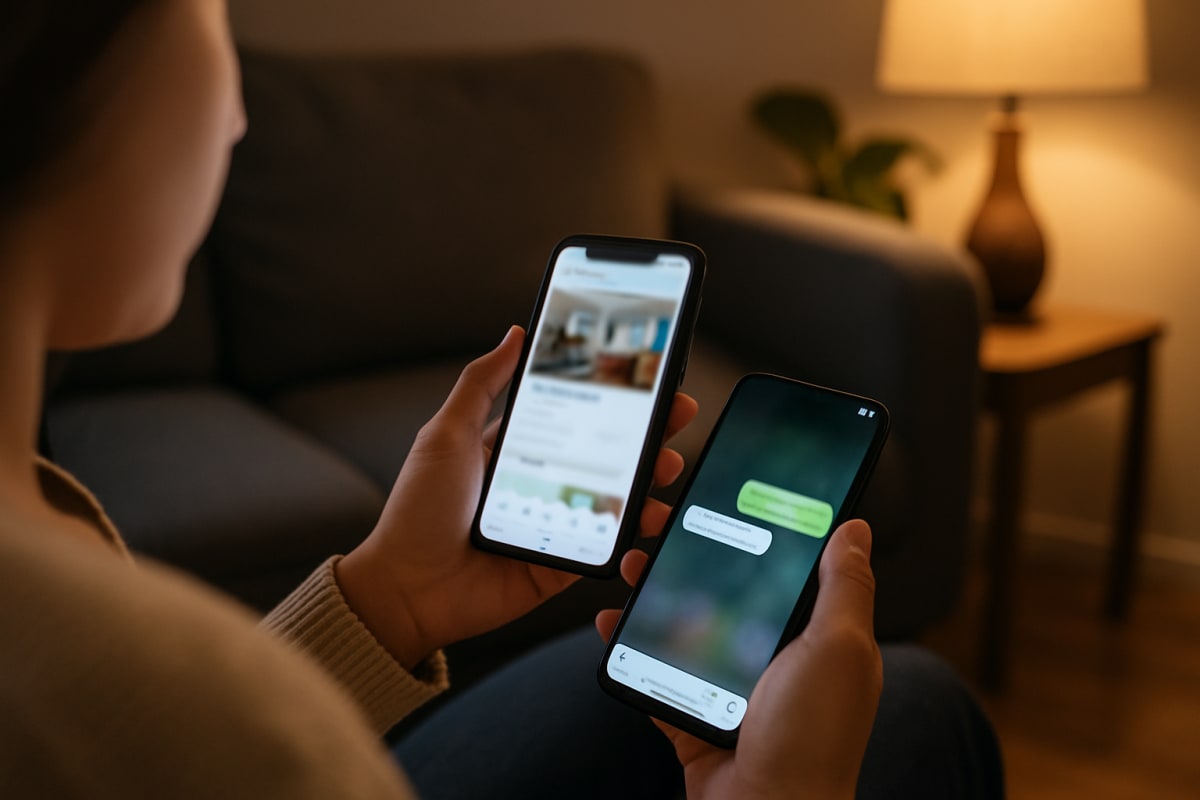 Renter on a sofa compares a NoBroker listing with an incoming WhatsApp message in the evening