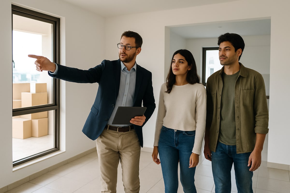 Broker shows a couple around a vacant Pune flat during a confirmed site visit