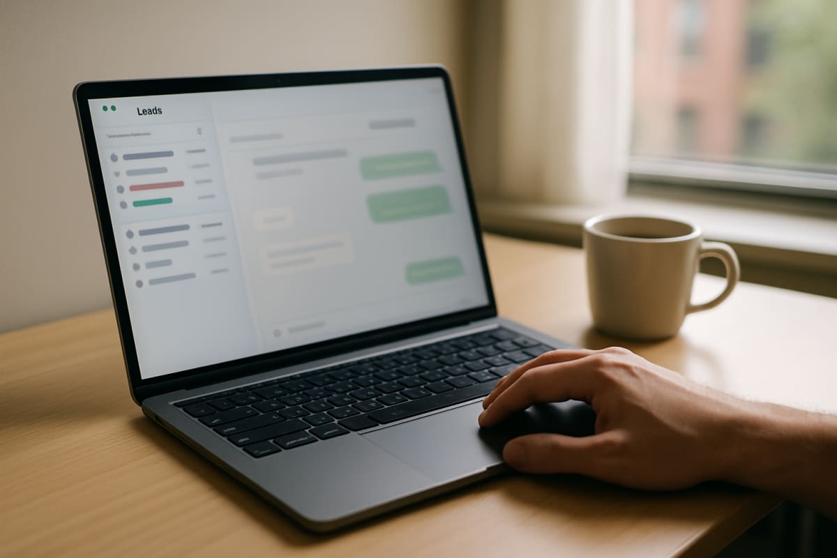 Broker checks a lead dashboard on a laptop showing a fresh NoBroker enquiry notification
