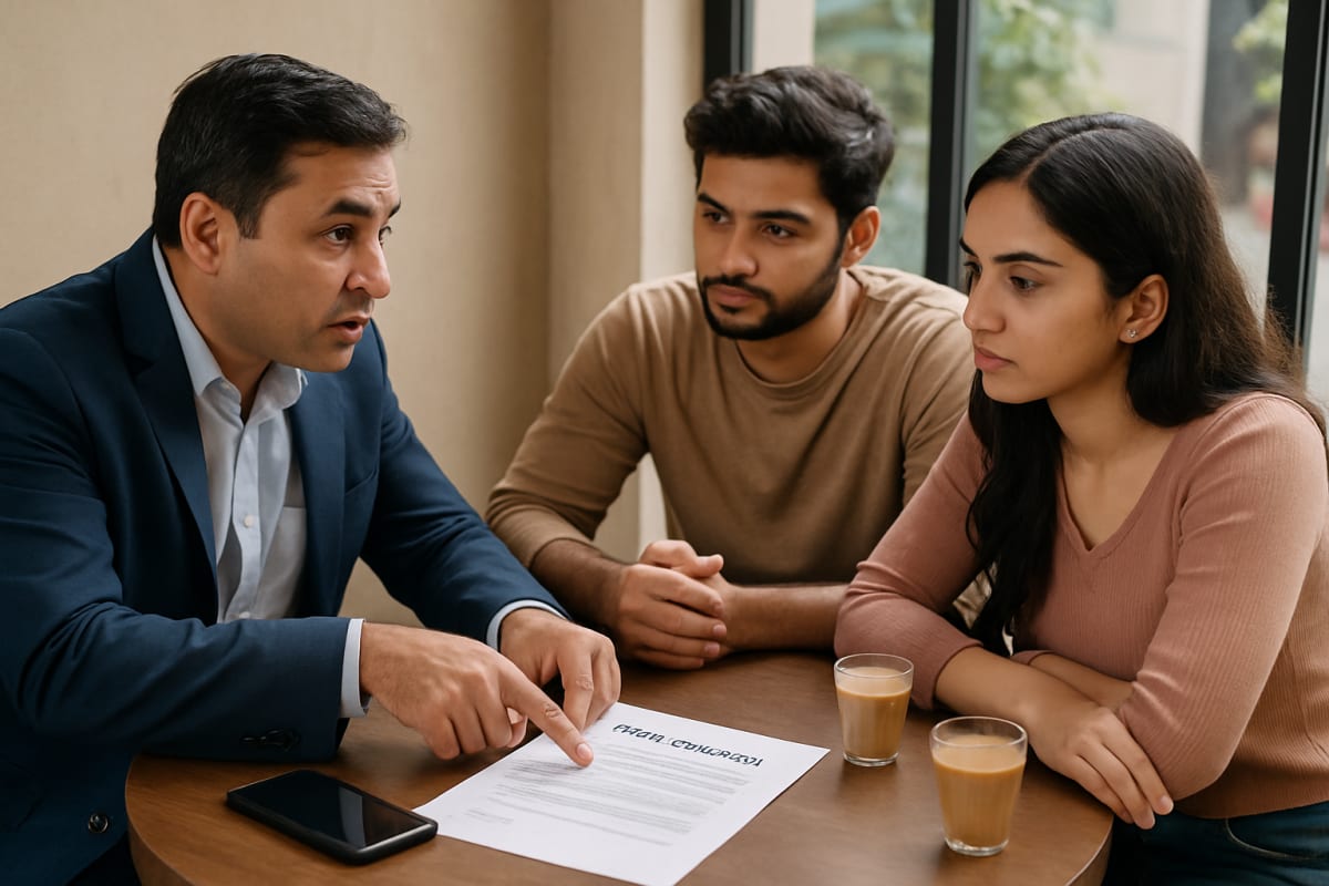 Broker discusses the service fee with a couple over chai after a flat viewing