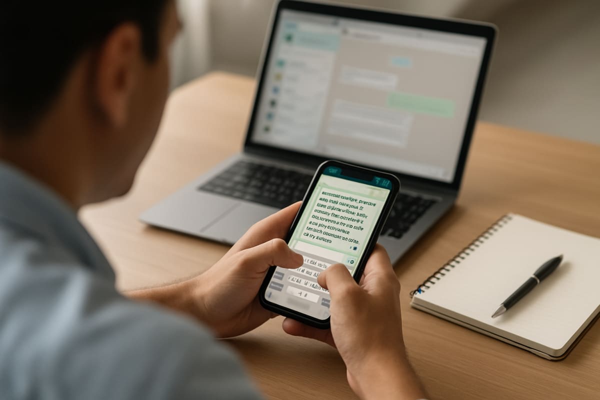 Broker types a flat-fee WhatsApp reply to a NoBroker enquiry at a small office desk