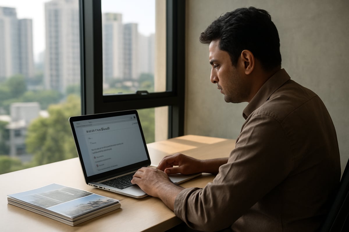 Broker at Gurugram office desk reading a forwarded PropTiger enquiry email on laptop