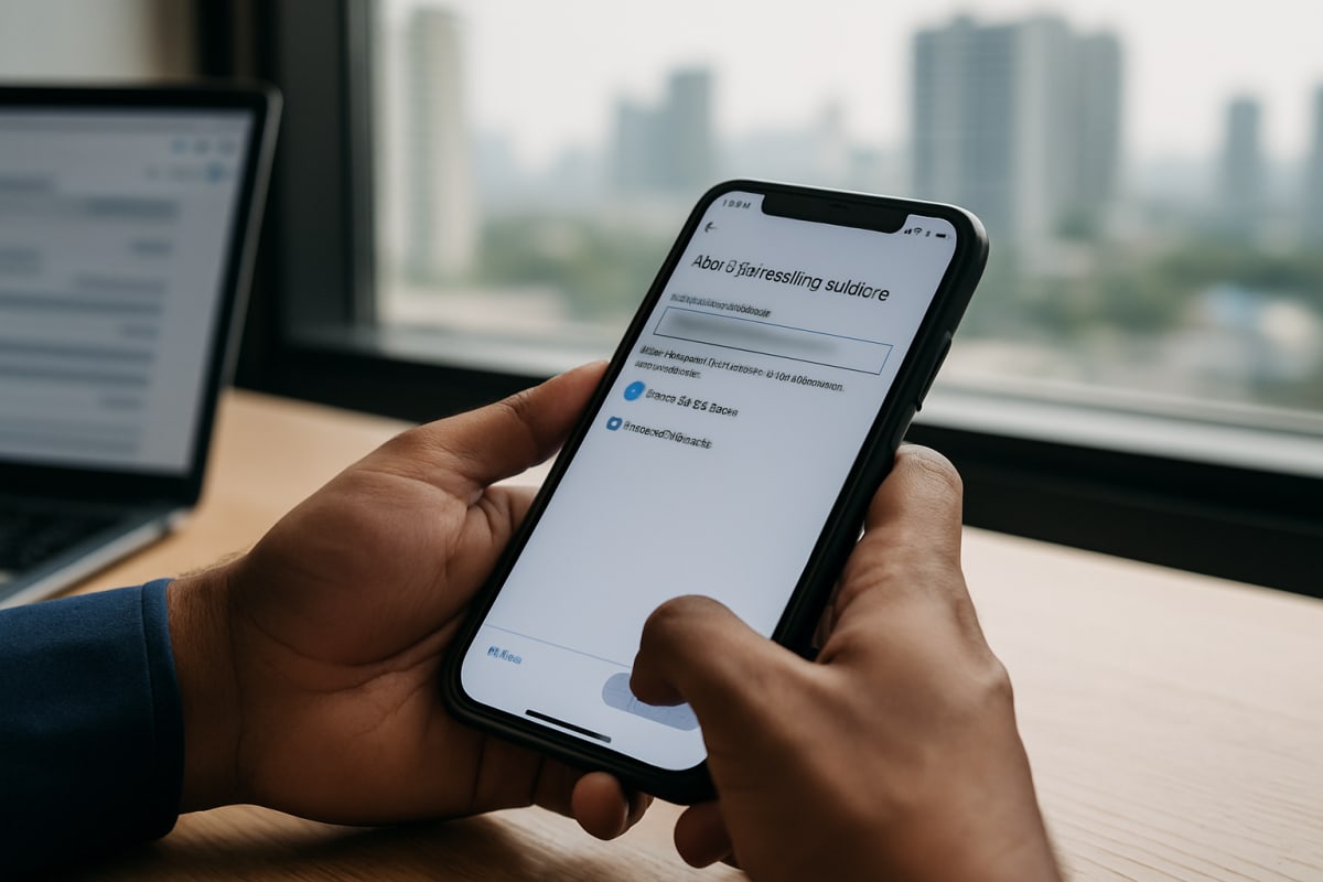 Hands set up an email forwarding rule on a phone at a Dwarka Expressway office desk