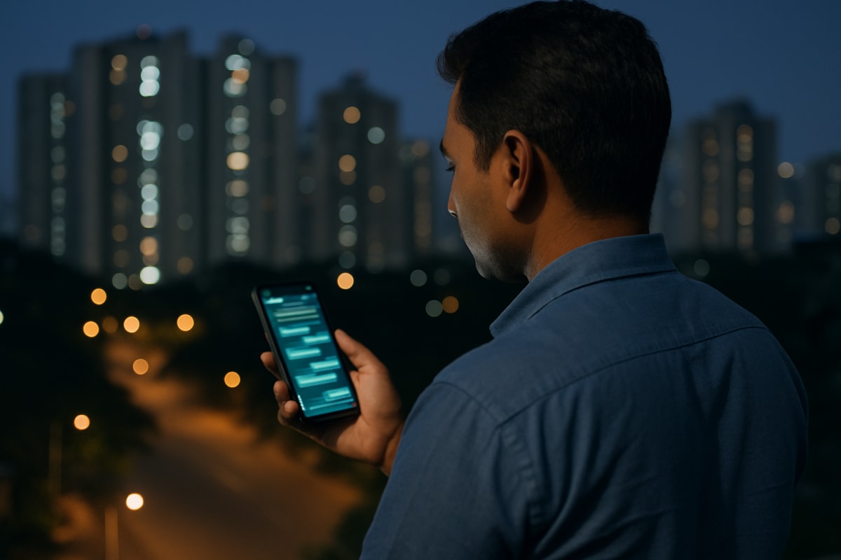 Broker in Thane checks a WhatsApp reply with blurred chat bubbles late at night