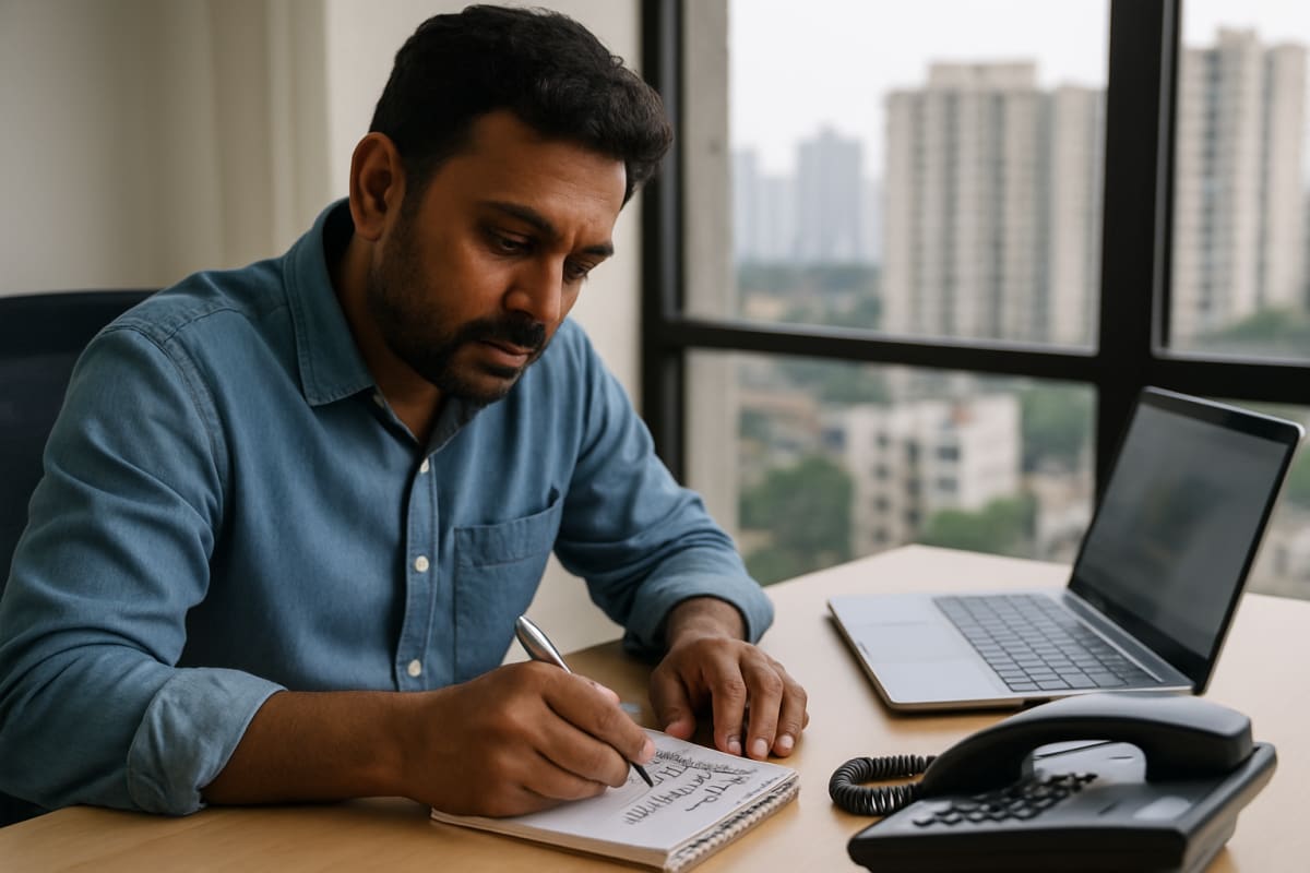 Broker in Mira Road office notes buyer budget and locality details beside a phone