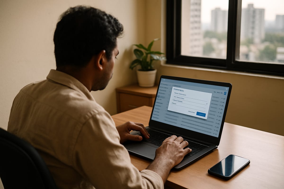 Broker in a Thane office sets up an email forwarding rule on a laptop for portal leads