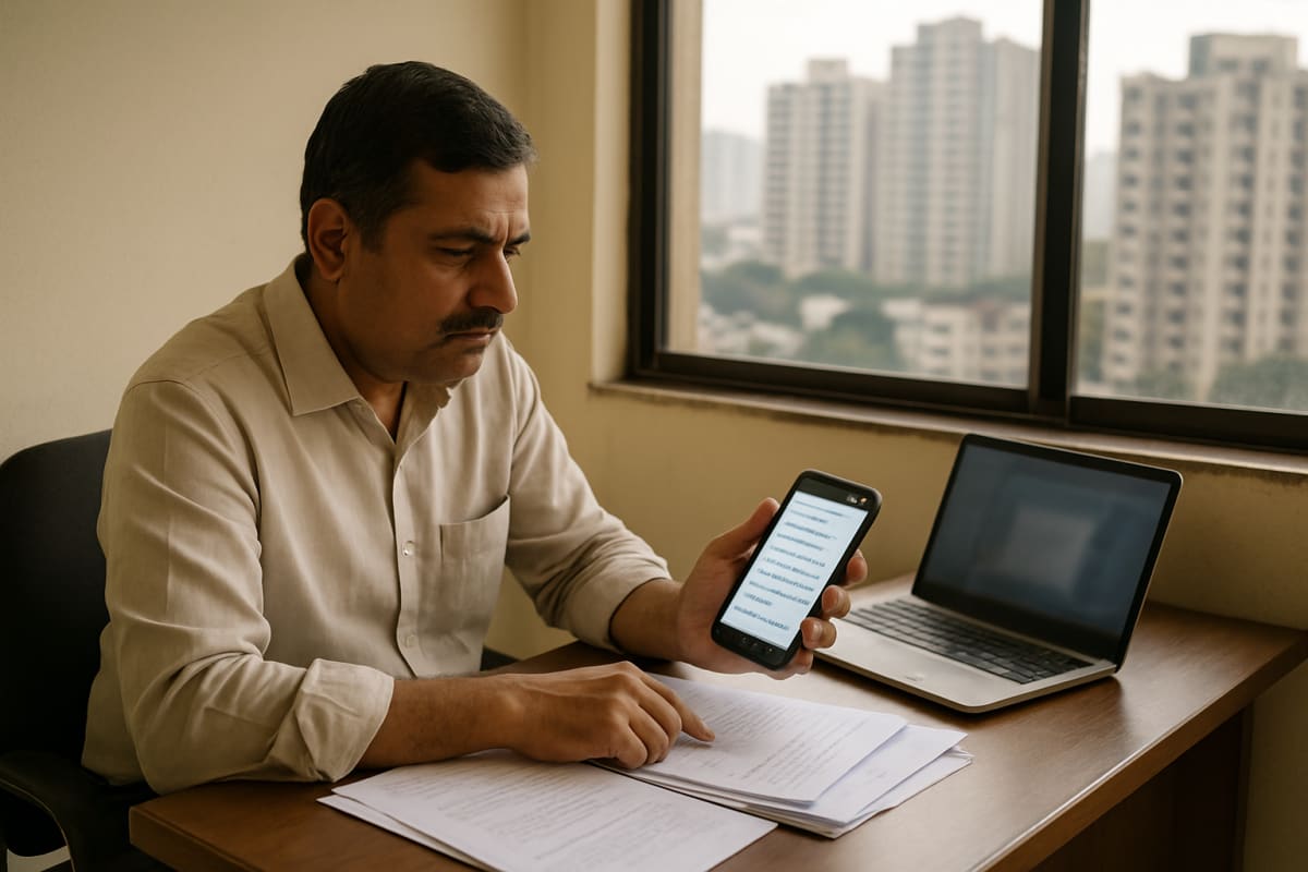 Broker reviews multiple unread portal lead notifications on phone at a Ghaziabad office desk