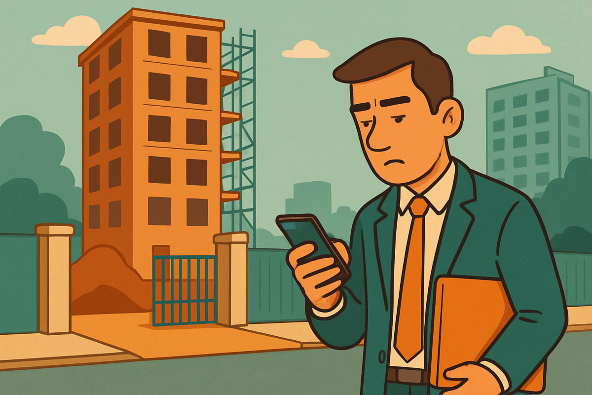 Broker waits outside a Gurugram under-construction tower checking his phone for a site visit