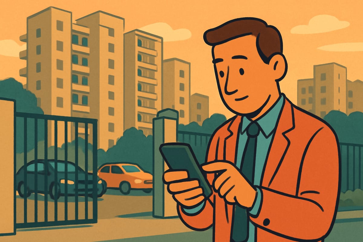Broker outside a Dwarka Expressway project gate checks phone after finishing a site visit.