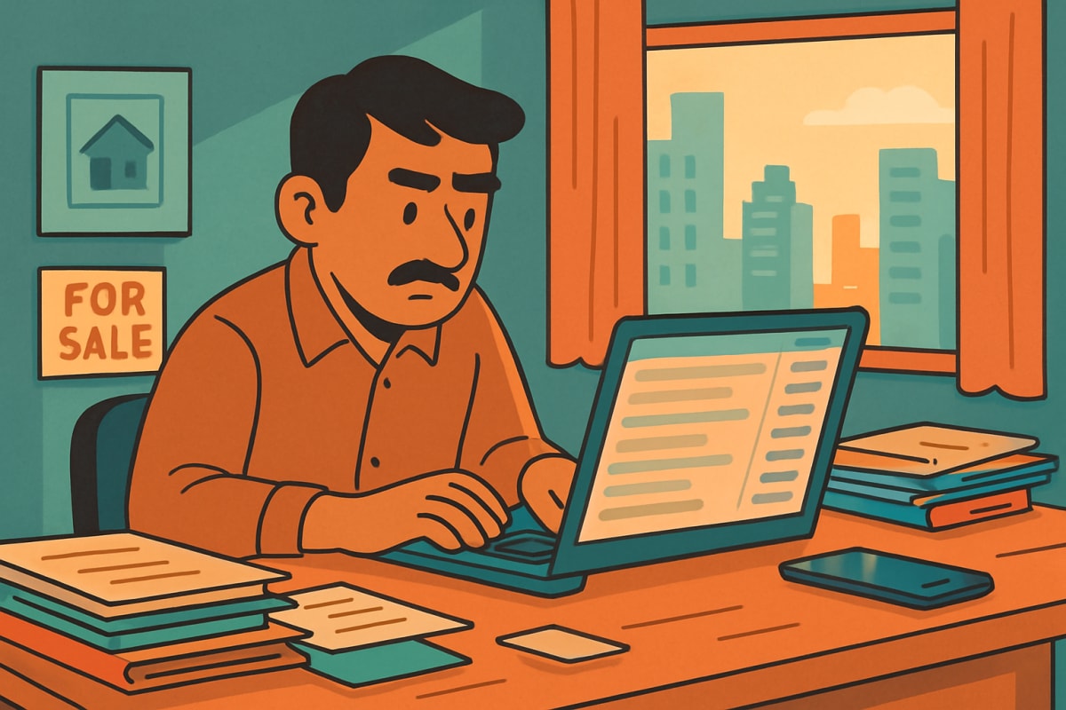 Broker reviews a list of three-month-old portal leads at a Gurugram office desk in the afternoon.