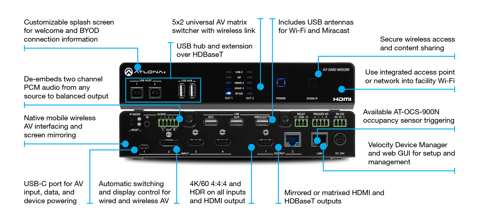 ATL-AT-OME-MS52 - AT-OME-MS52 Conmutador de audio y vídeo  5x2 con puerto USB-C, DISPLAY PORT, HDMI Y acceso inalámbrico