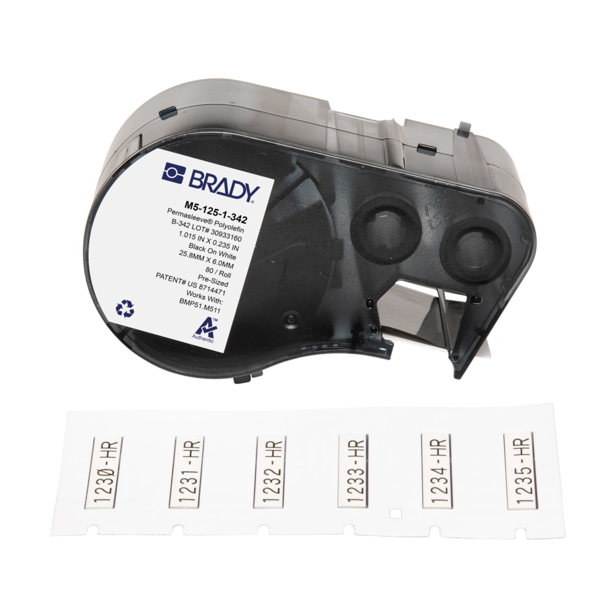 BR-M5-125-1-342 - M5-125-1-342 PermaSleeve Etiquetas termorretráctiles con cinta para impresoras BMP51 M511 - 0.125" de diámetro x 1", color blanco